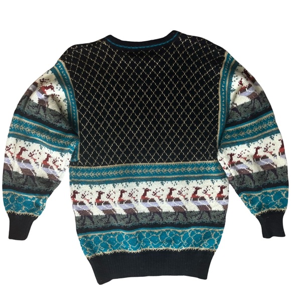 Vintage Holiday – Black Teal Reindeer Sweater – Large – Late 1980s/Early 90s - Picture 2 of 5